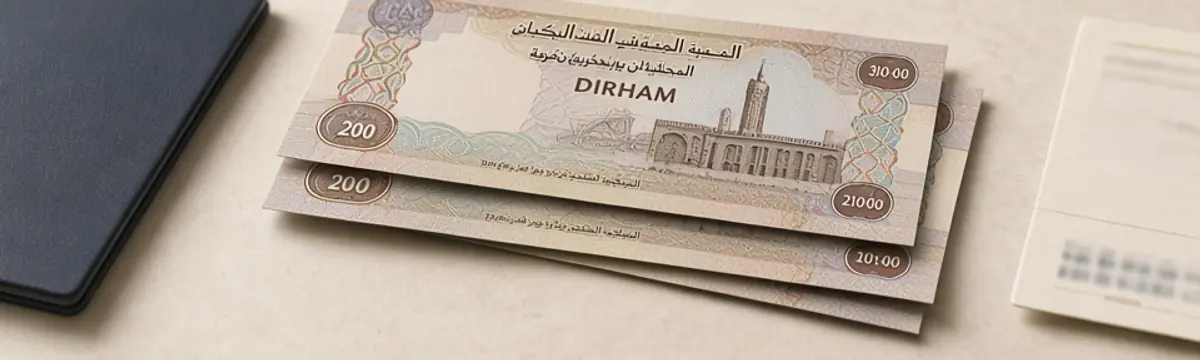 UAE dirham banknotes beside a passport and boarding pass